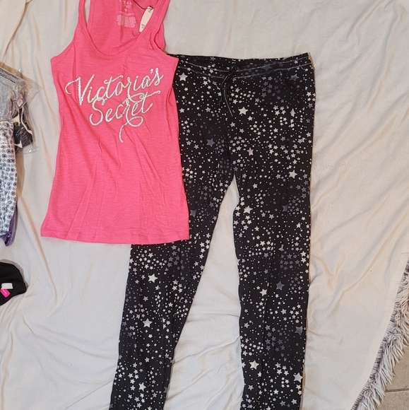 Victorias Secret Tank Pajama Set Pink Stars Sparkly Pink Black Gray White Silver - Picture 4 of 9